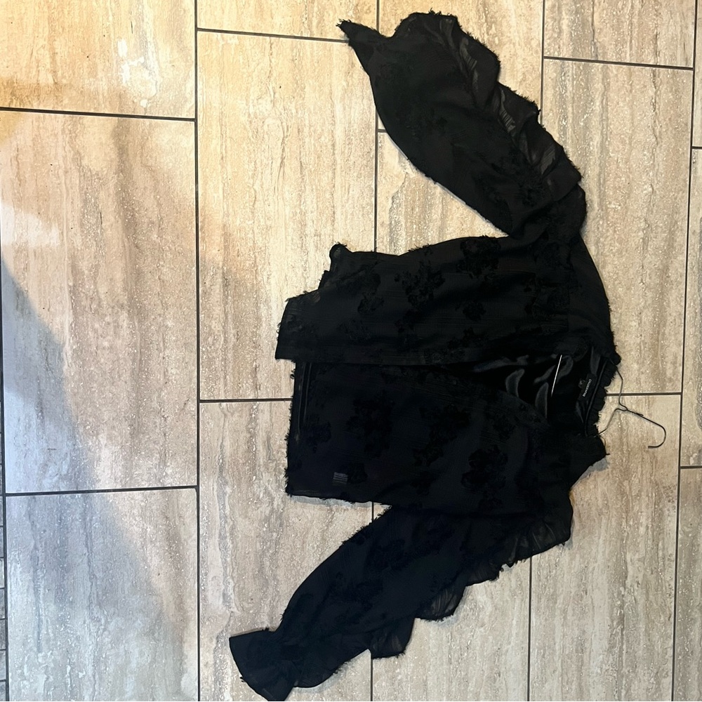 Black Ruffled Asymmetrical Blouse with Peter Pan Collar
